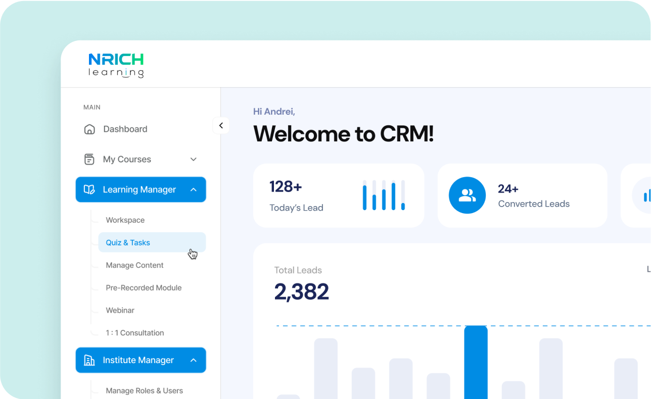 Screenshot of the CRM webpage showing lead stats like Today’s Leads and Total Leads